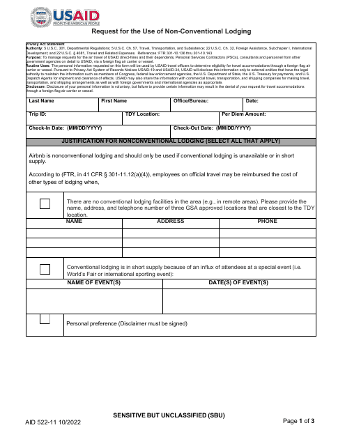 Form AID522-11 Request for the Use of Non-conventional Lodging