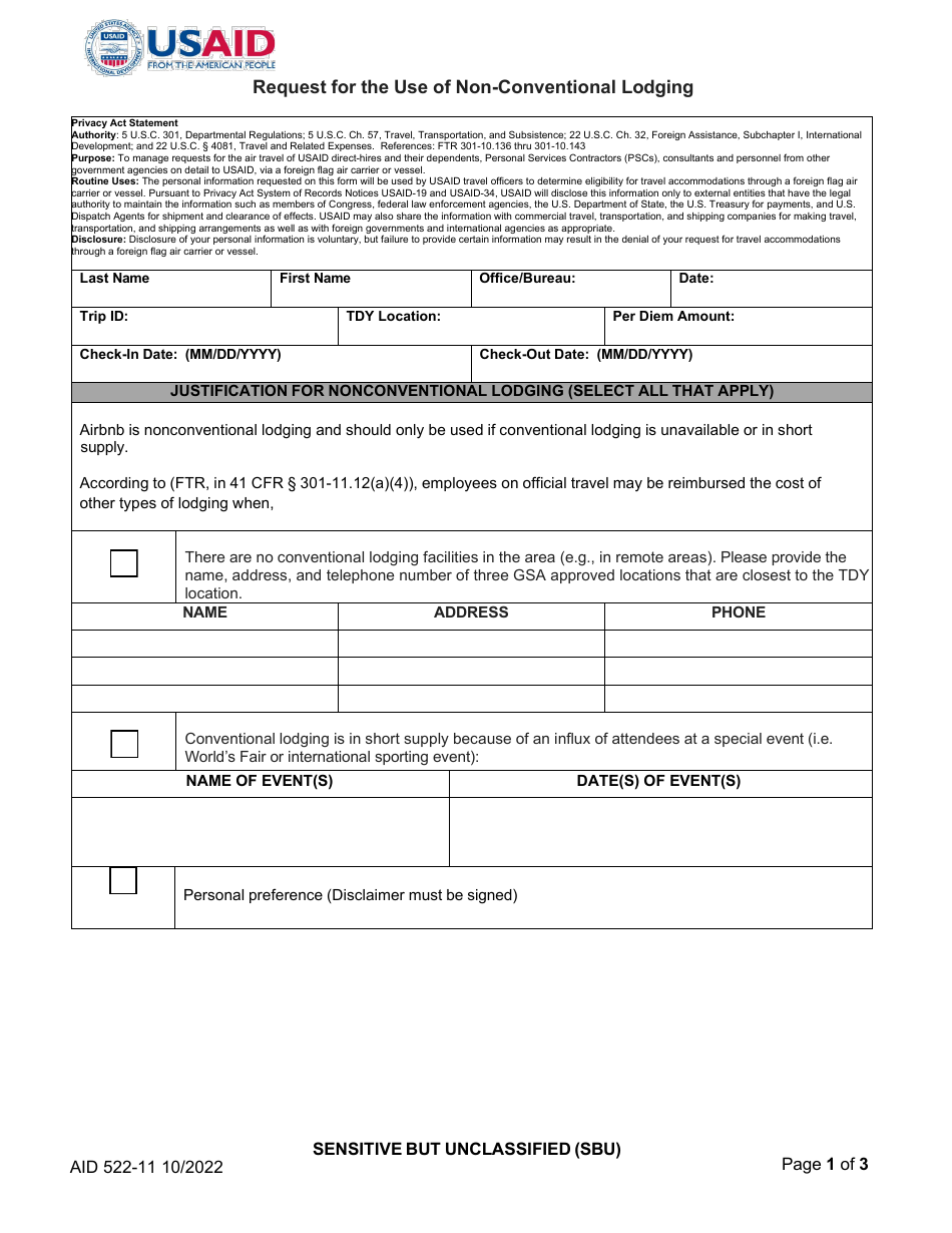 Form AID522-11 Request for the Use of Non-conventional Lodging, Page 1