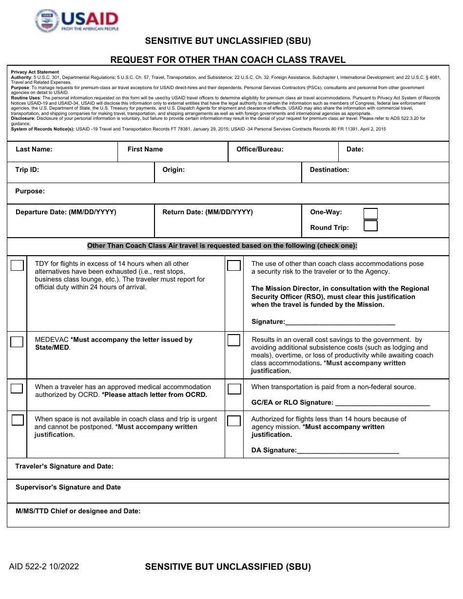 Form AID522-2 Request for Other Than Coach Class Travel, Page 1