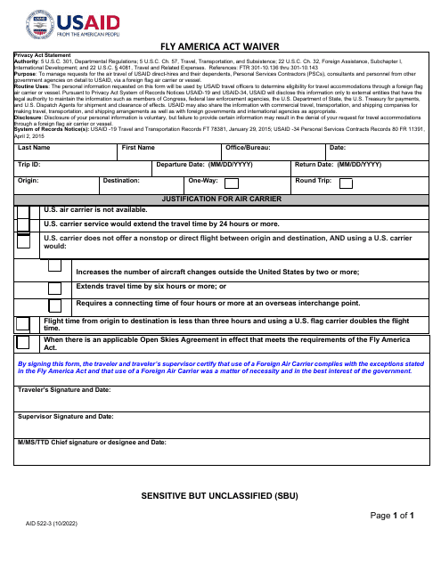 Form AID522-3 Fly America Act Waiver