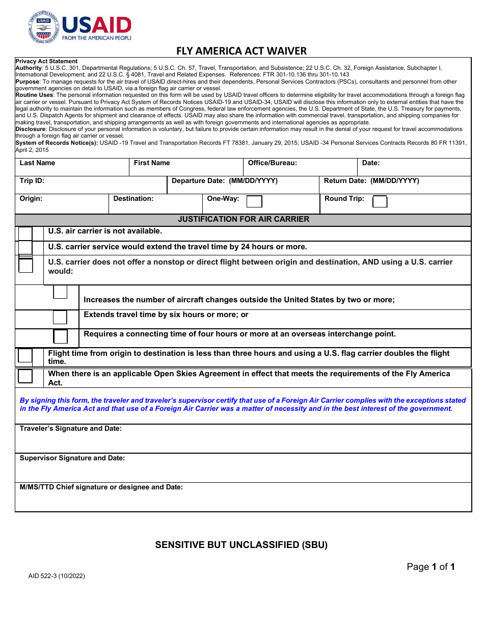 Form AID522-3 Fly America Act Waiver, Page 1