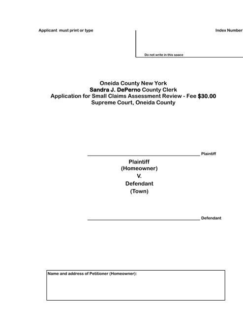 Application for Small Claims Assessment Review - Cover Page - Oneida County, New York Download Pdf