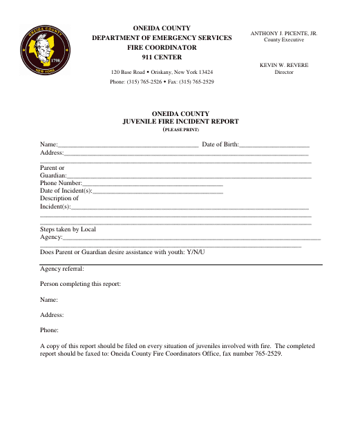 Juvenile Fire Incident Report - Oneida County, New York Download Pdf