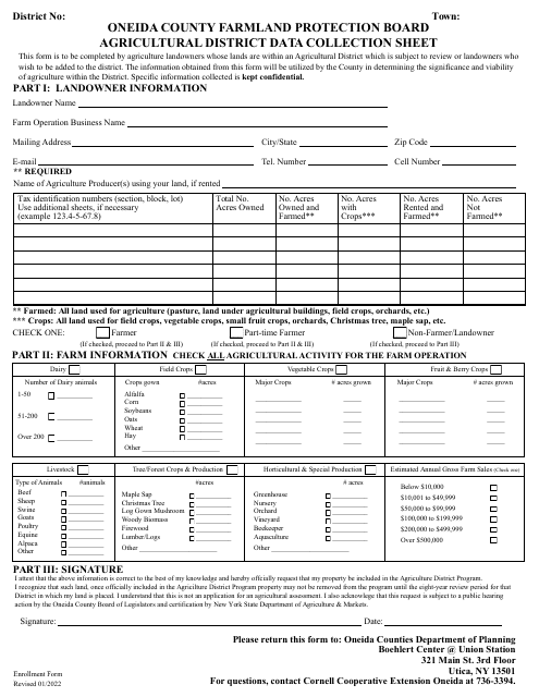 Agricultural District Data Collection Sheet - Oneida County, New York Download Pdf