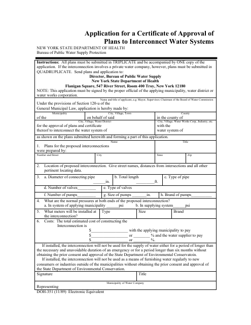 Form DOH-351 Application for a Certificate of Approval of Plans to Interconnect Water Systems - Oneida County, New York