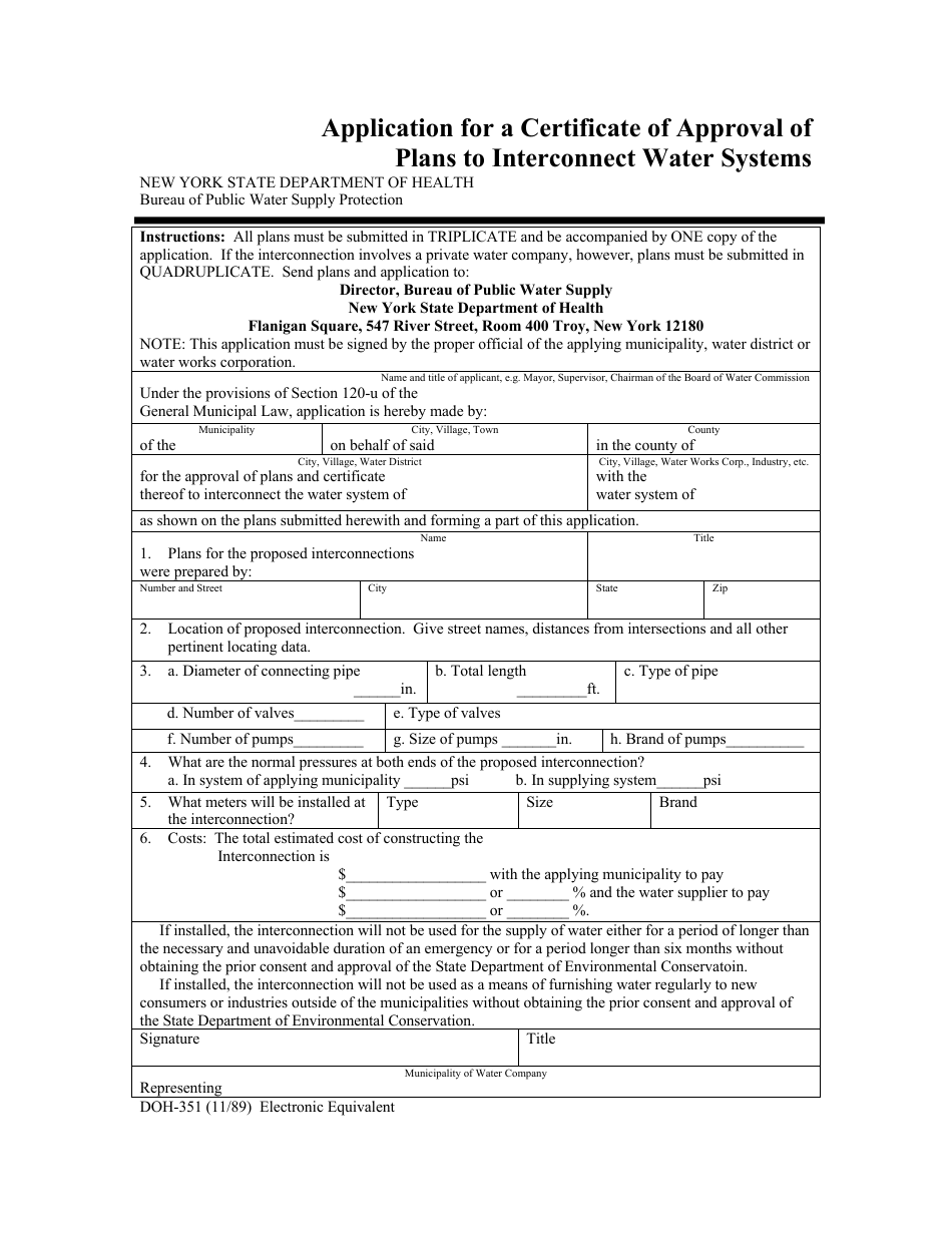 Form DOH-351 Application for a Certificate of Approval of Plans to Interconnect Water Systems - Oneida County, New York, Page 1