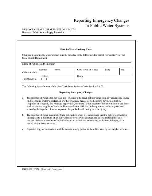 Form DOH-358 Reporting Emergency Changes in Public Water Systems - Oneida County, New York