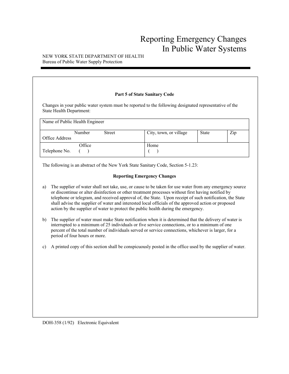 Form DOH-358 Reporting Emergency Changes in Public Water Systems - Oneida County, New York, Page 1