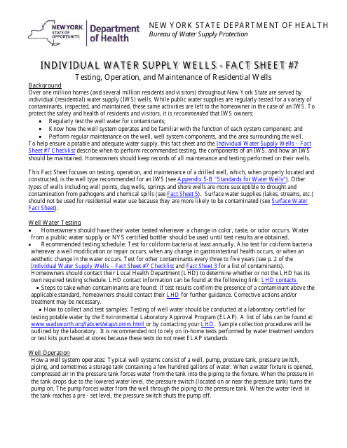 Individual Water Supply Wells - Fact Sheet 7 Checklist - Checklist for Testing, Operation, and Maintenance of Residential Wells - New York