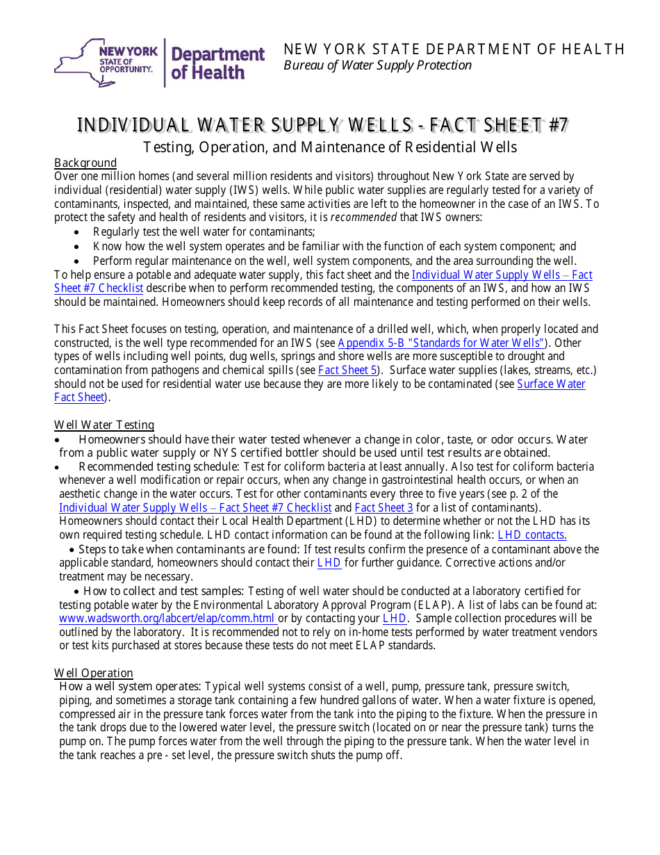 Individual Water Supply Wells - Fact Sheet 7 Checklist - Checklist for Testing, Operation, and Maintenance of Residential Wells - New York, Page 1