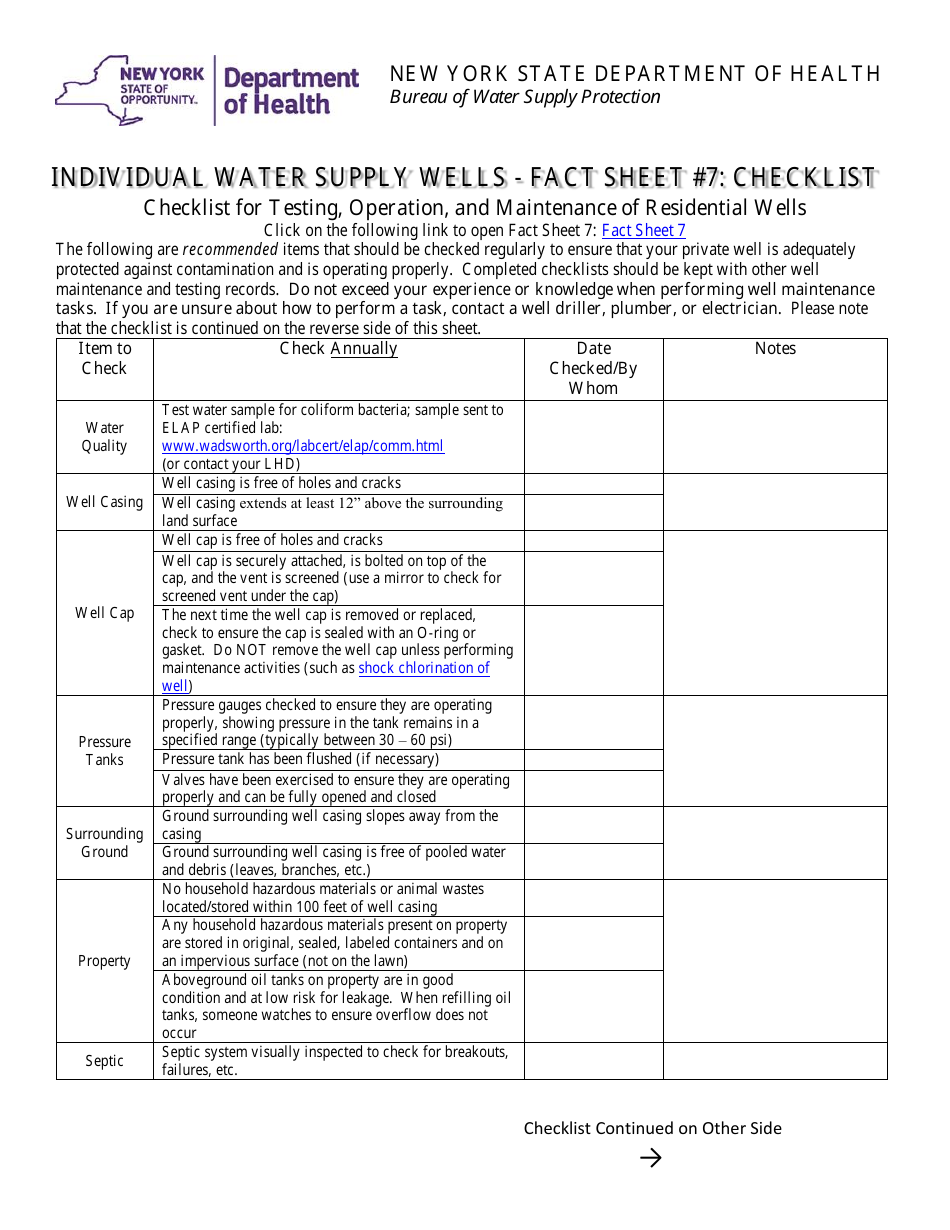 Individual Water Supply Wells - Fact Sheet 7 Checklist - Checklist for Testing, Operation, and Maintenance of Residential Wells - New York, Page 3