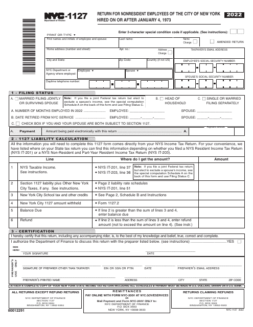 Form NYC-1127 Return for Nonresident Employees of the City of New York Hired on or After January 4, 1973 - New York City, 2022
