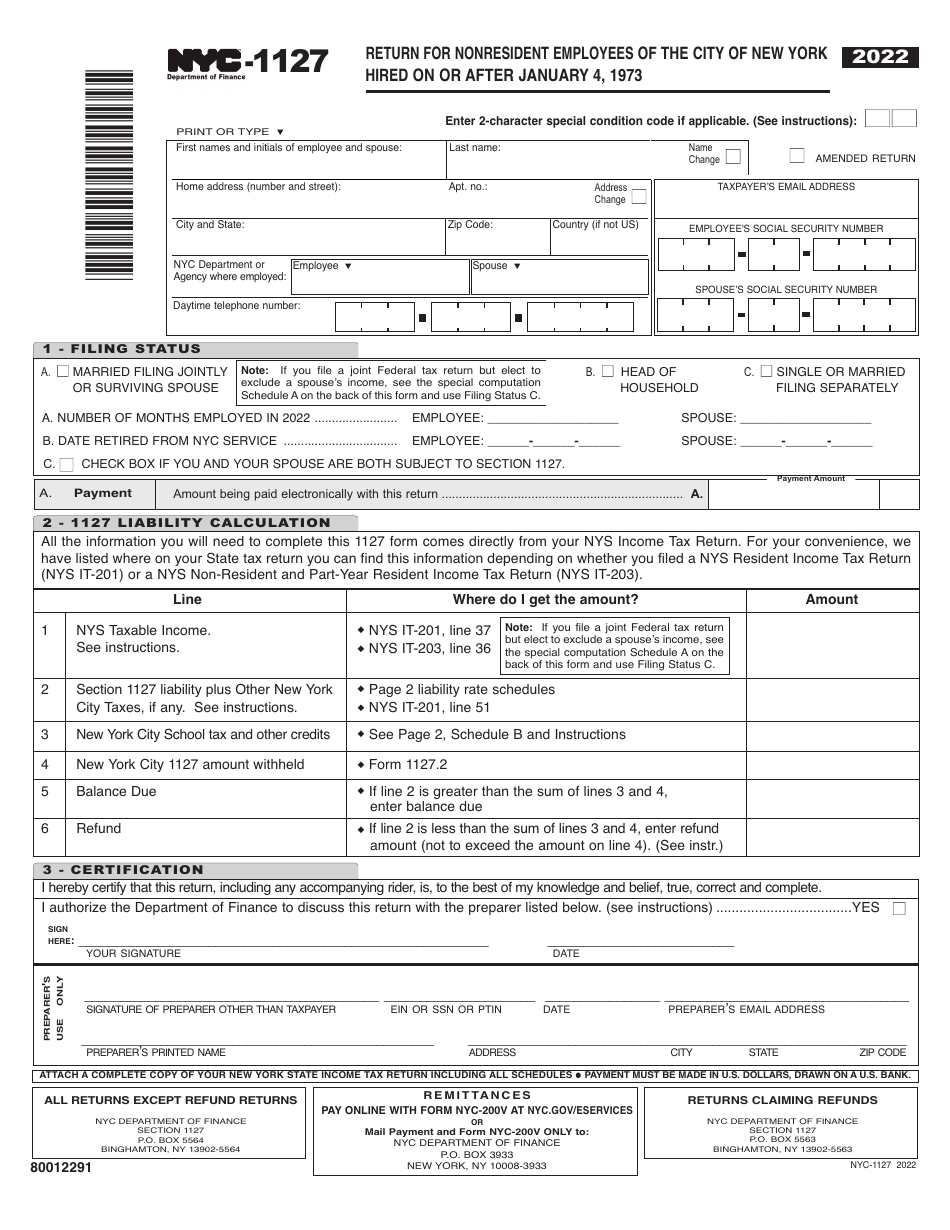 Form NYC-1127 Return for Nonresident Employees of the City of New York Hired on or After January 4, 1973 - New York City, Page 1