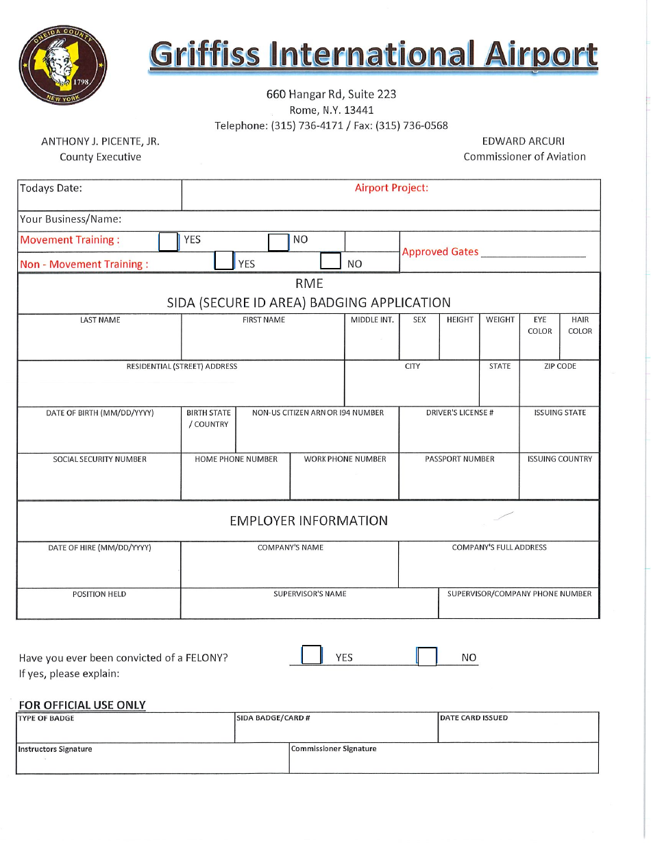 Oneida County, New York Sida (Secure Id Area) Badging Application