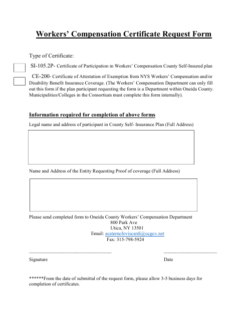Workers' Compensation Certificate Request Form - Oneida County, New York Download Pdf