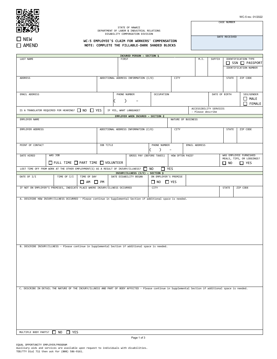 Form WC-5 Employee's Claim for Workers' Compensation - Hawaii, Page 1