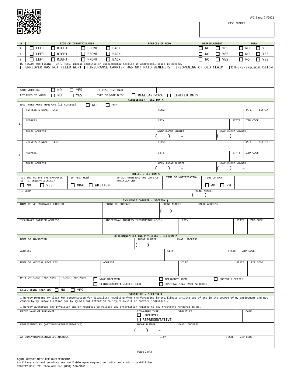 Form WC-5 Employees Claim for Workers Compensation - Hawaii, Page 2
