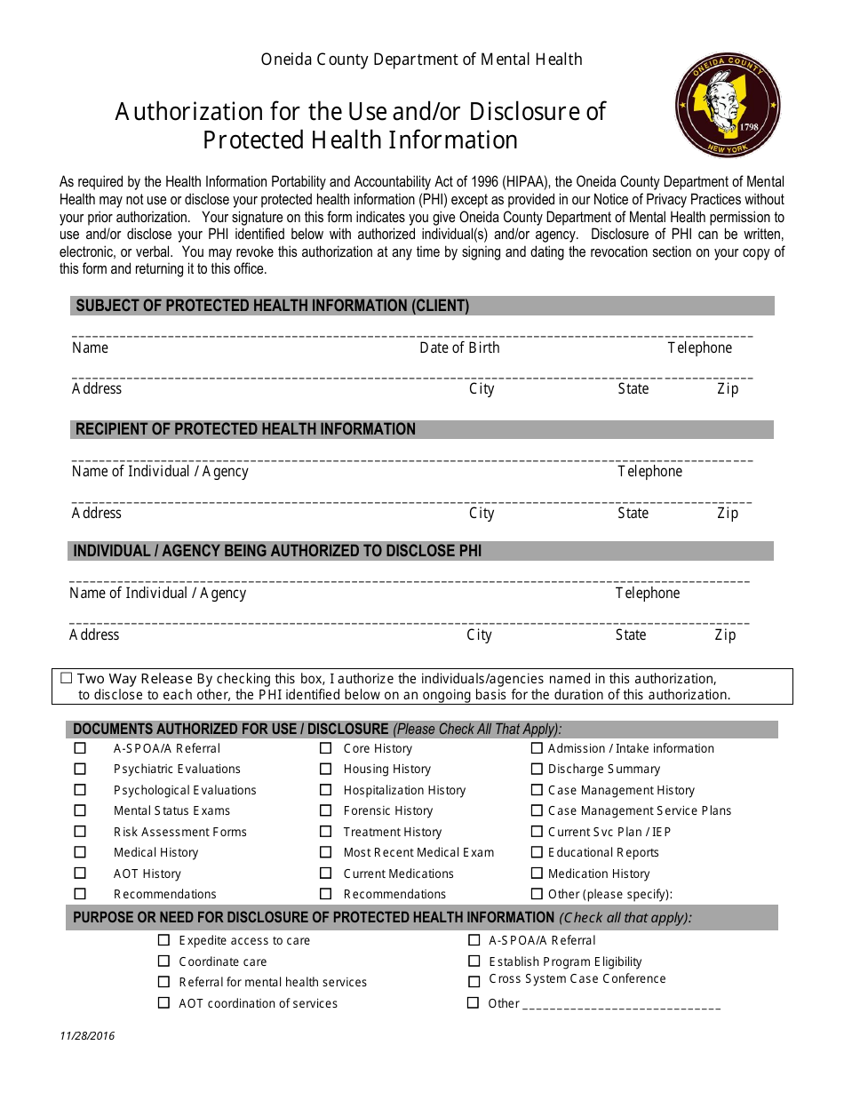 Authorization for the Use and / or Disclosure of Protected Health Information - Oneida County, New York, Page 1
