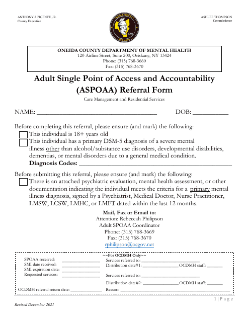 Adult Single Point of Access and Accountability (Aspoaa) Referral Form - Oneida County, New York