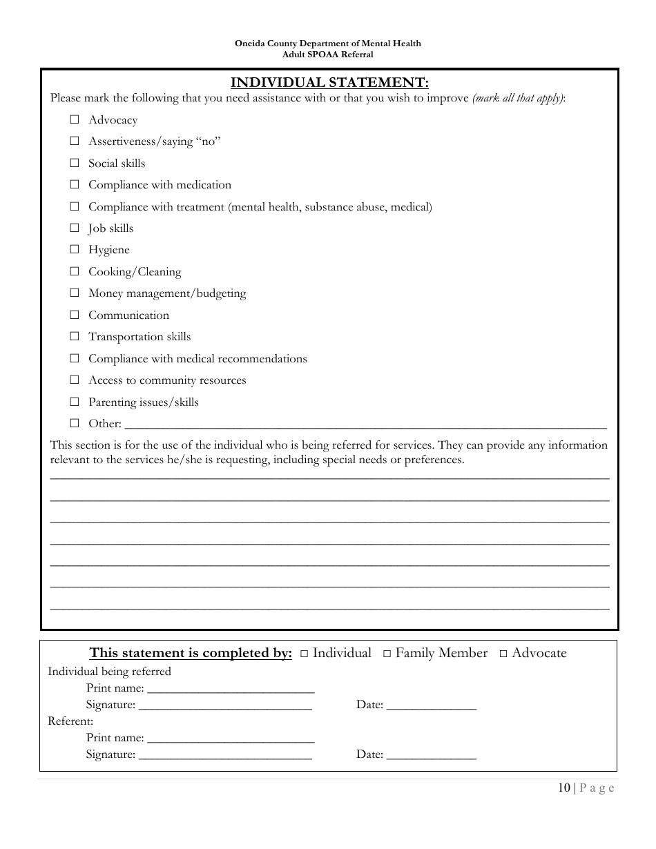 Adult Single Point of Access and Accountability (Aspoaa) Referral Form - Oneida County, New York, Page 10