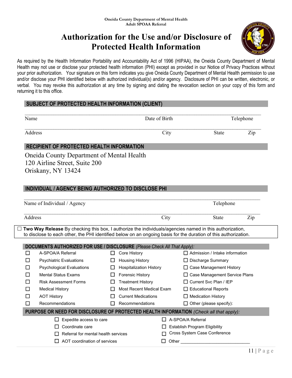 Adult Single Point of Access and Accountability (Aspoaa) Referral Form - Oneida County, New York, Page 11