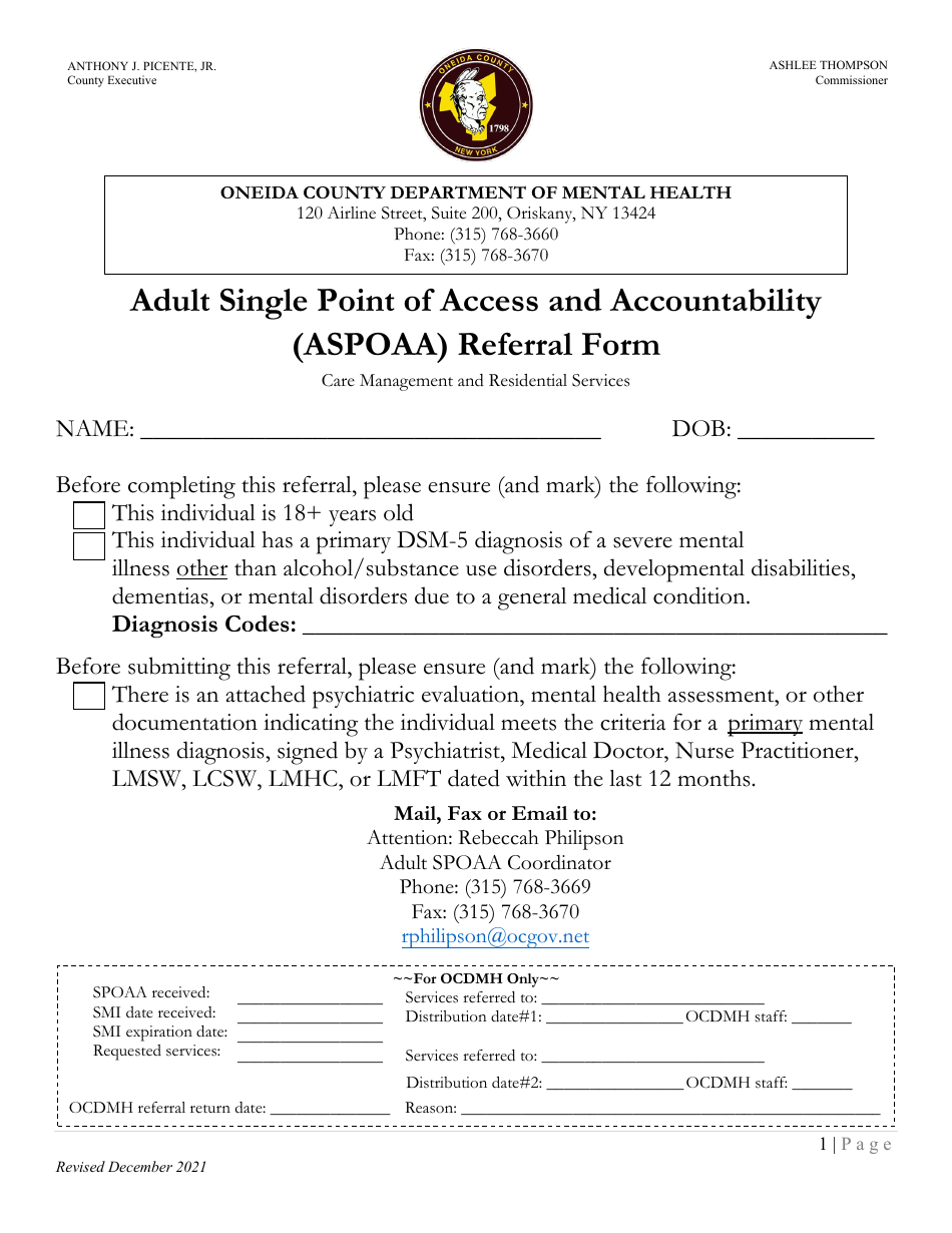 Adult Single Point of Access and Accountability (Aspoaa) Referral Form - Oneida County, New York, Page 1