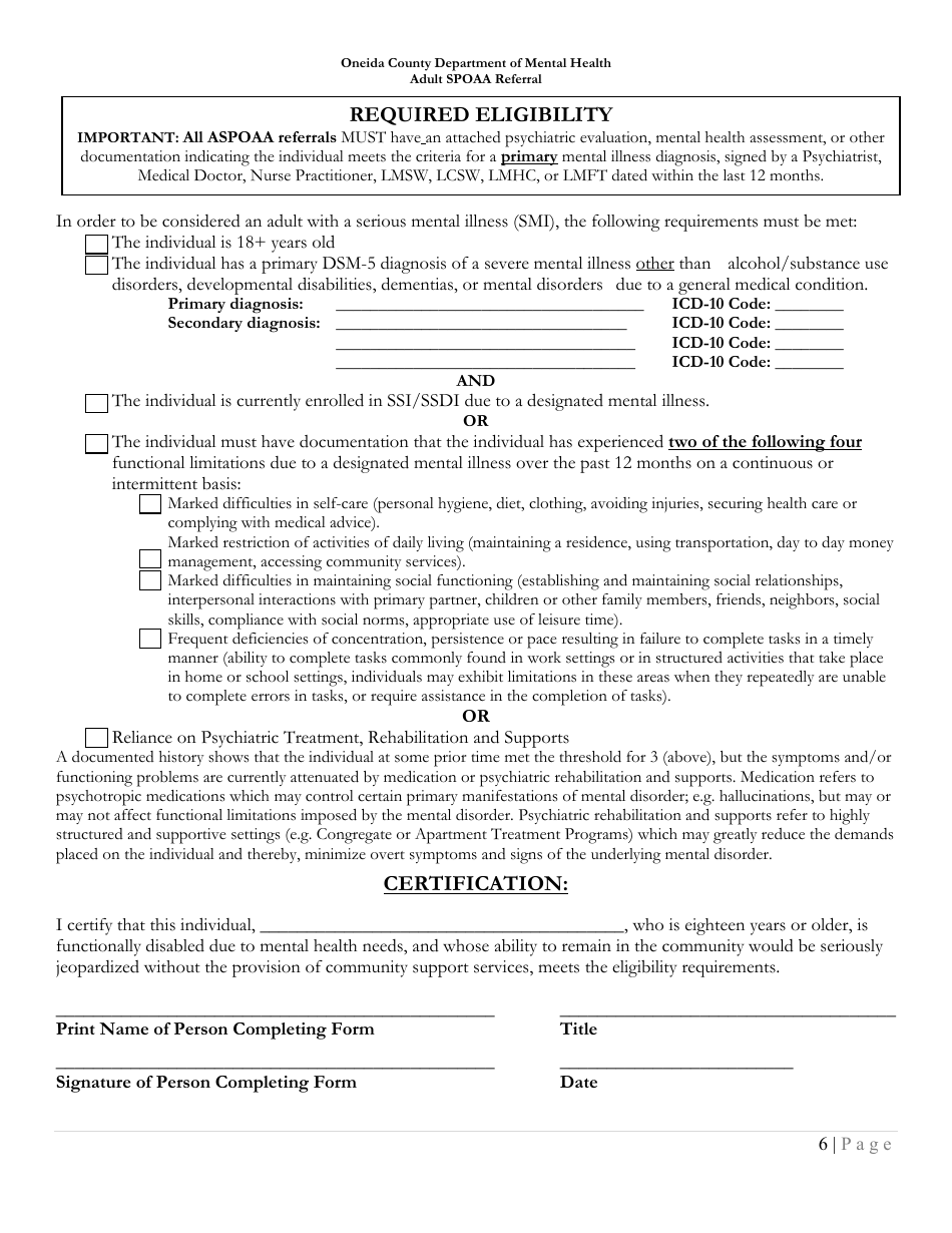 Adult Single Point of Access and Accountability (Aspoaa) Referral Form - Oneida County, New York, Page 6