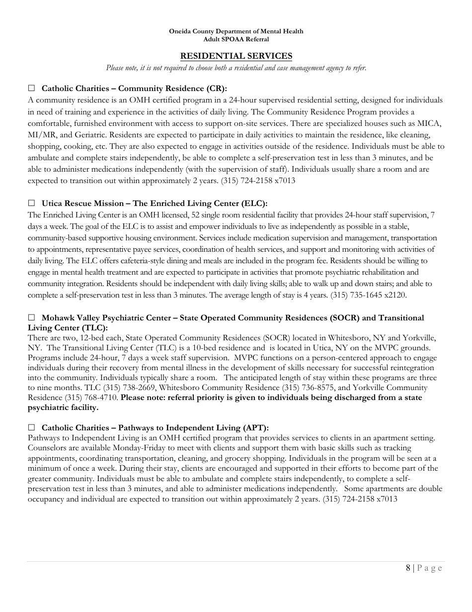 Adult Single Point of Access and Accountability (Aspoaa) Referral Form - Oneida County, New York, Page 8