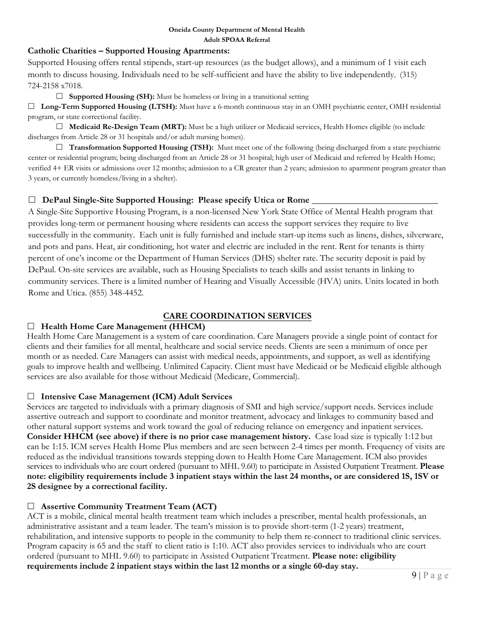 Adult Single Point of Access and Accountability (Aspoaa) Referral Form - Oneida County, New York, Page 9