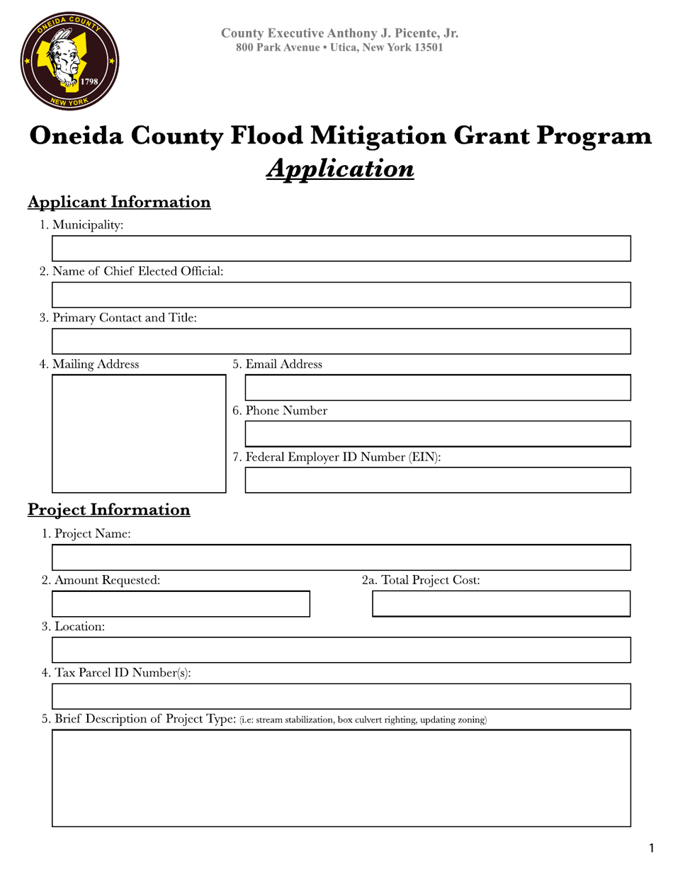 Oneida County Flood Mitigation Grant Program Application - Oneida County, New York, Page 1