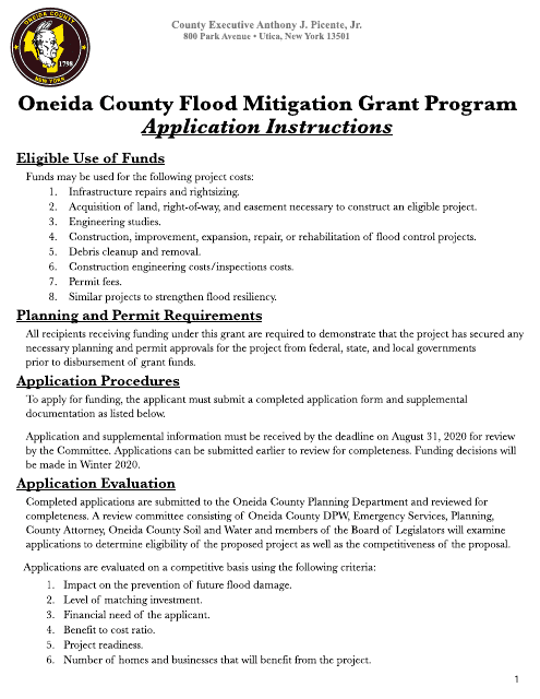 Instructions for Oneida County Flood Mitigation Grant Program Application - Oneida County, New York Download Pdf