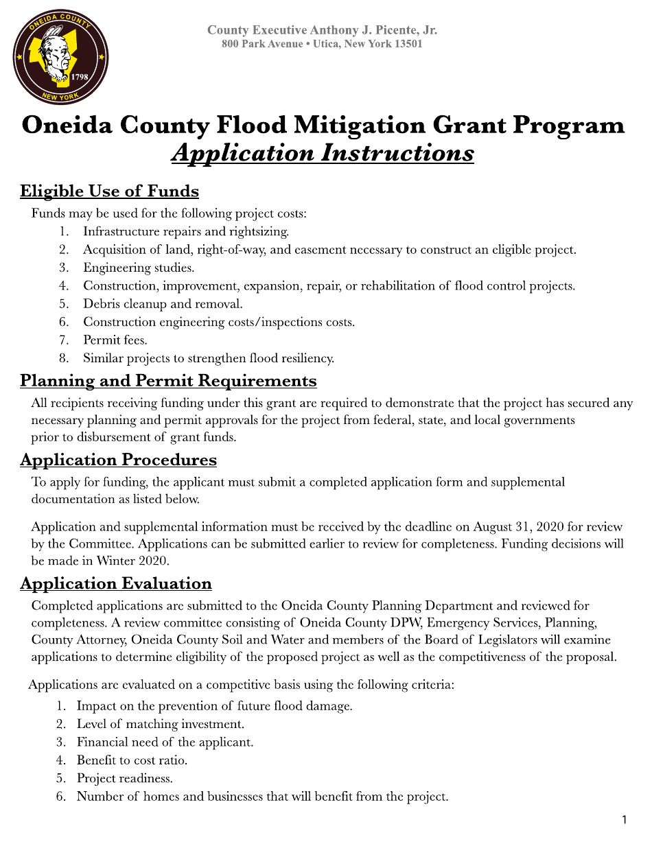 Instructions for Oneida County Flood Mitigation Grant Program Application - Oneida County, New York, Page 1