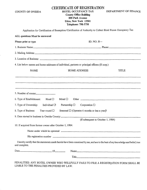 Room Occupancy Tax Certificate of Registration - Oneida County, New York Download Pdf