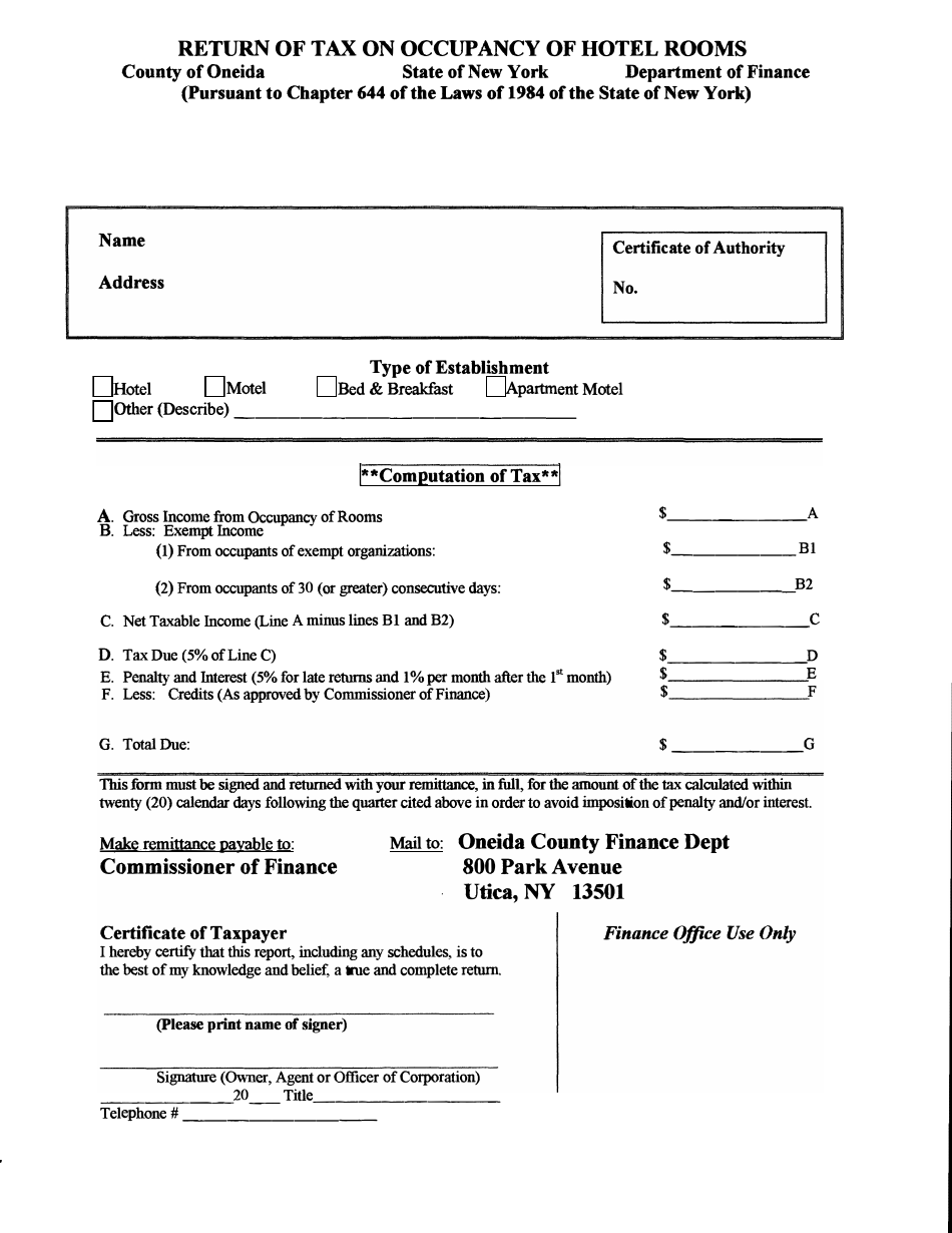 Oneida County, New York Return of Tax on Occupancy of Hotel Rooms