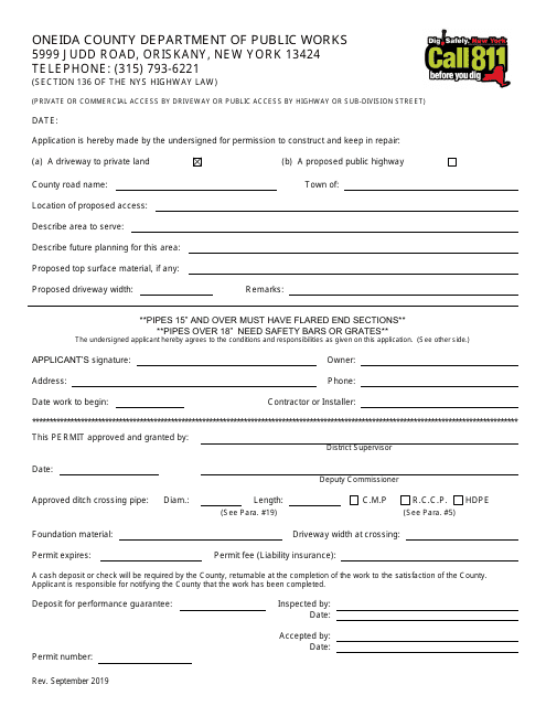 Driveway Permit Application - Oneida County, New York Download Pdf