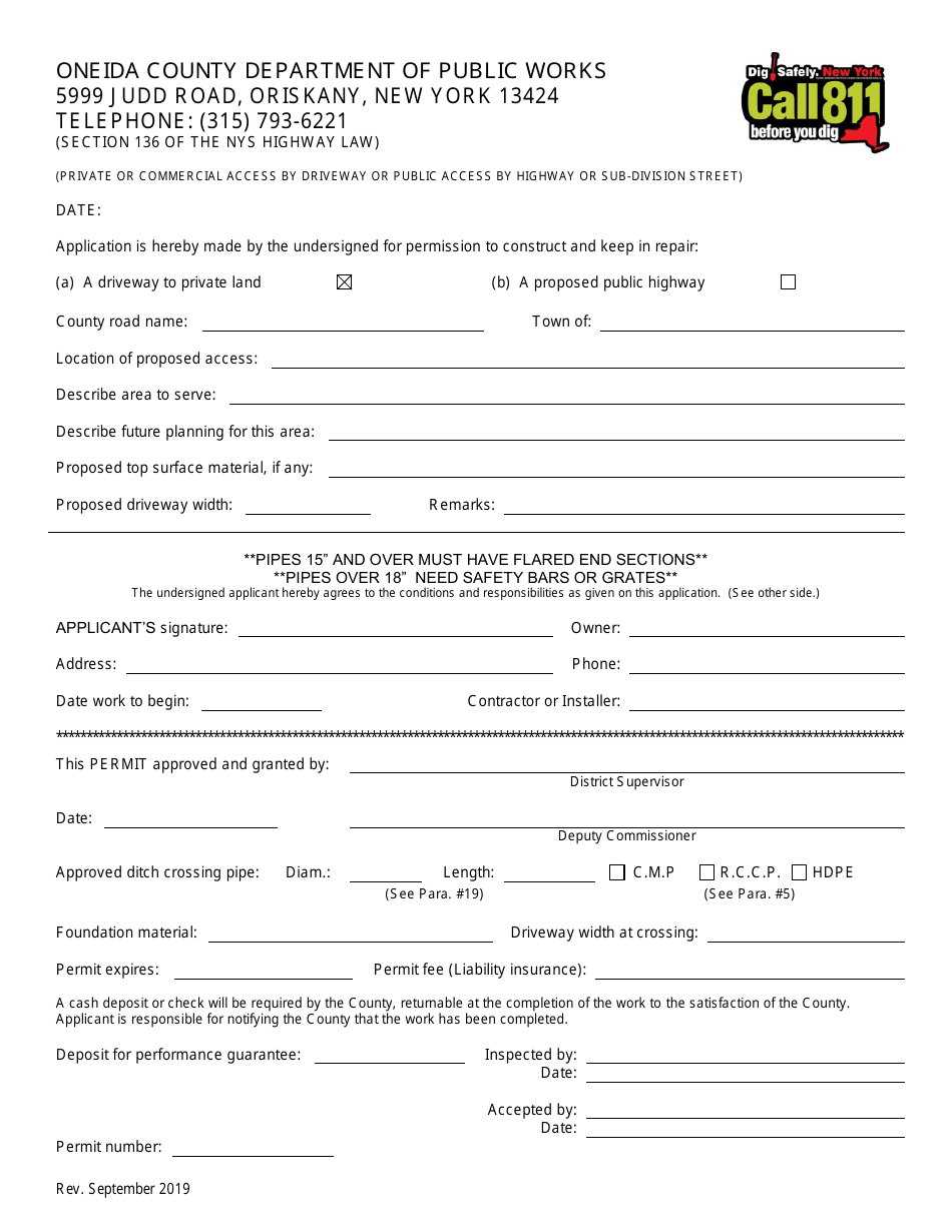 Driveway Permit Application - Oneida County, New York, Page 1