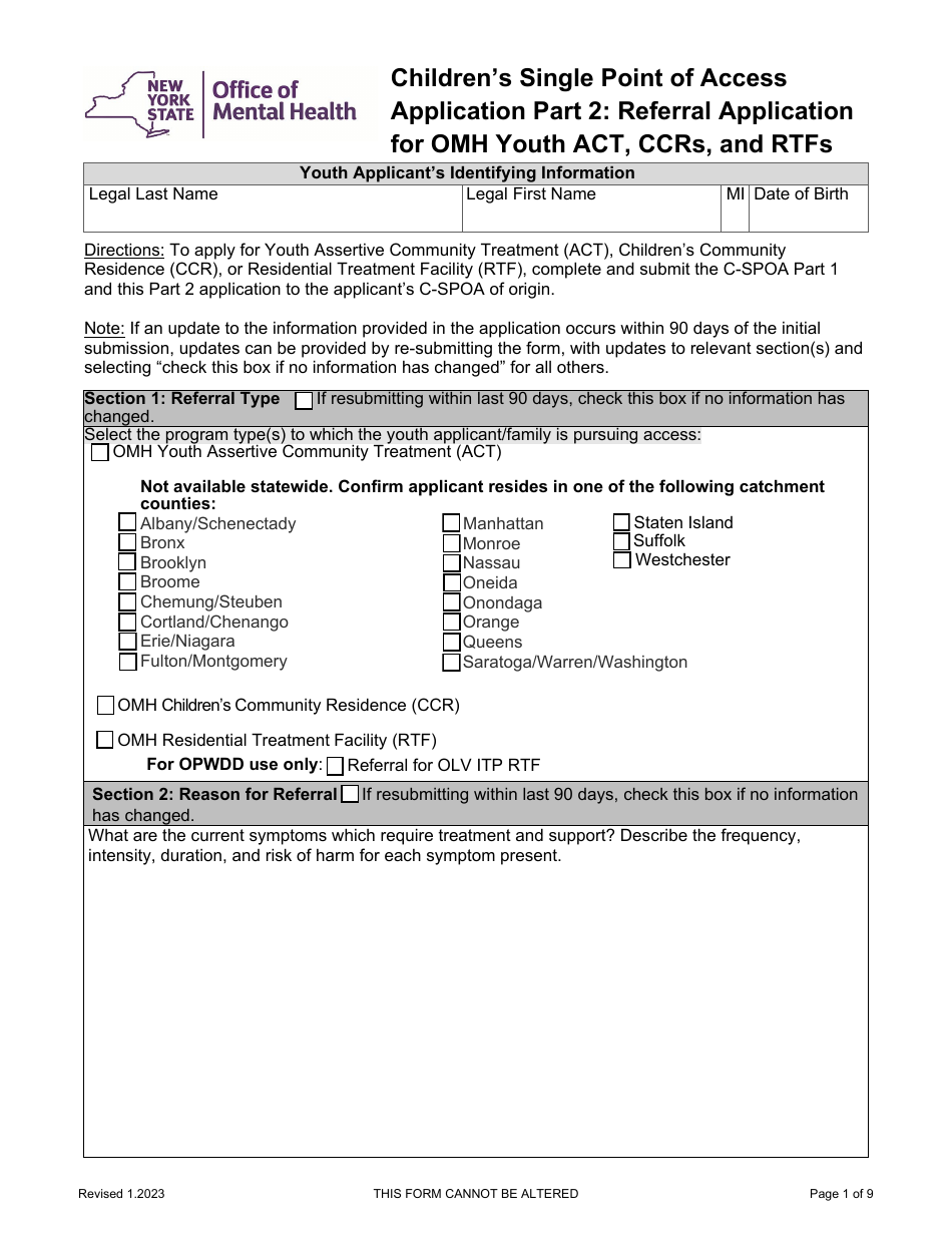 Part 2 Childrens Single Point of Access Application - Referral Application for Omh Youth Act, Ccrs, and Rtfs - New York, Page 1