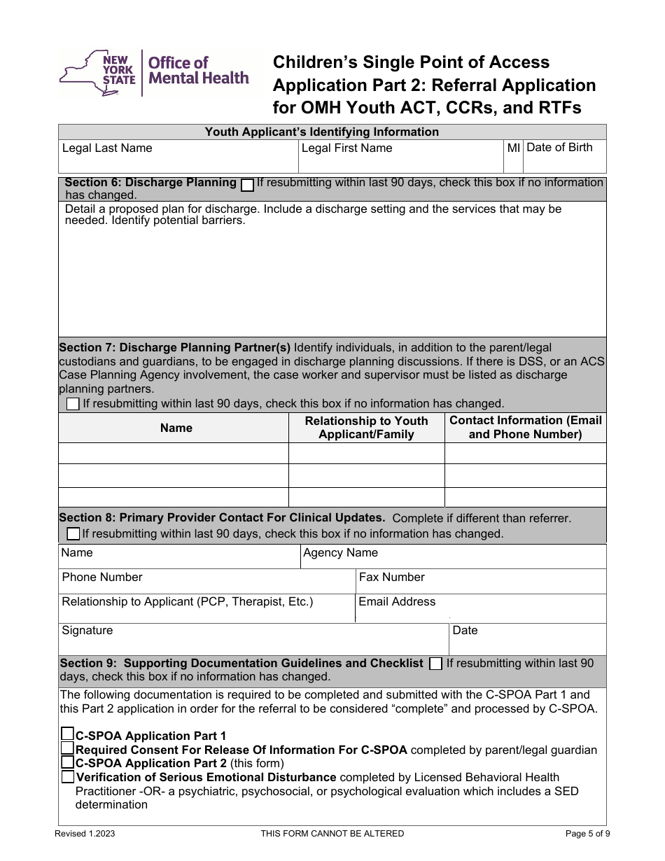 Part 2 Childrens Single Point of Access Application - Referral Application for Omh Youth Act, Ccrs, and Rtfs - New York, Page 5