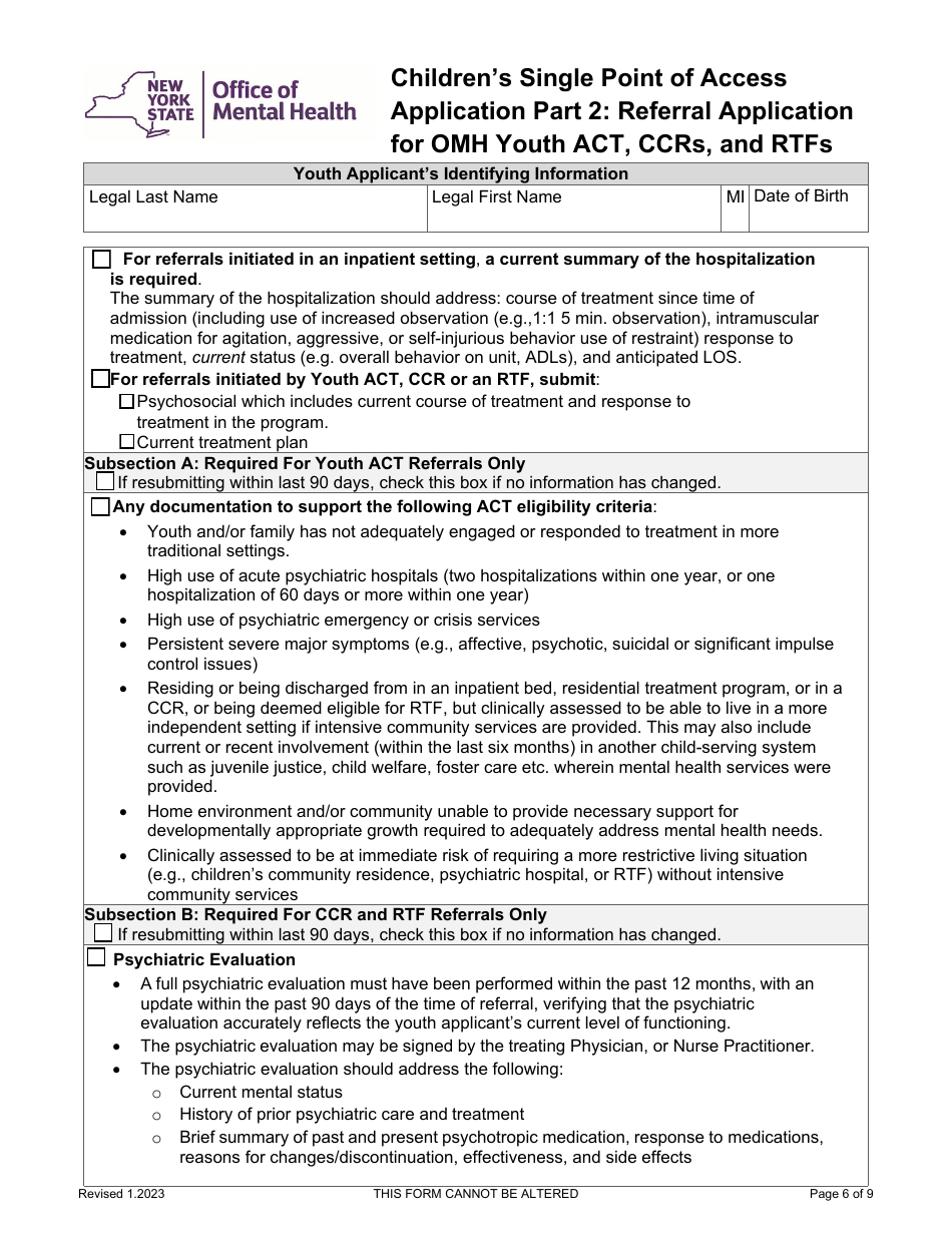 Part 2 Childrens Single Point of Access Application - Referral Application for Omh Youth Act, Ccrs, and Rtfs - New York, Page 6