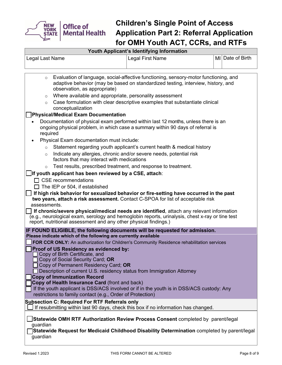 Part 2 Childrens Single Point of Access Application - Referral Application for Omh Youth Act, Ccrs, and Rtfs - New York, Page 8