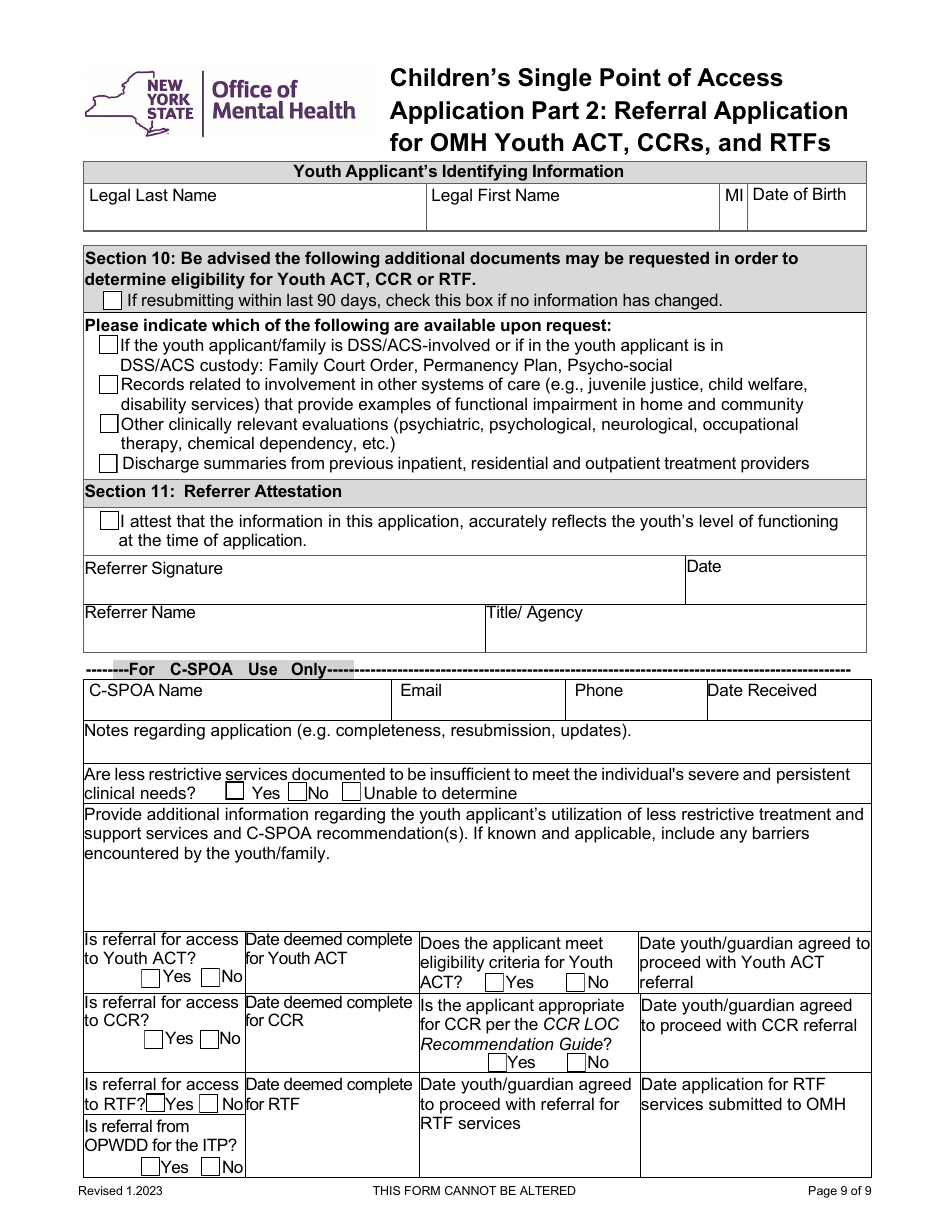 Part 2 Childrens Single Point of Access Application - Referral Application for Omh Youth Act, Ccrs, and Rtfs - New York, Page 9