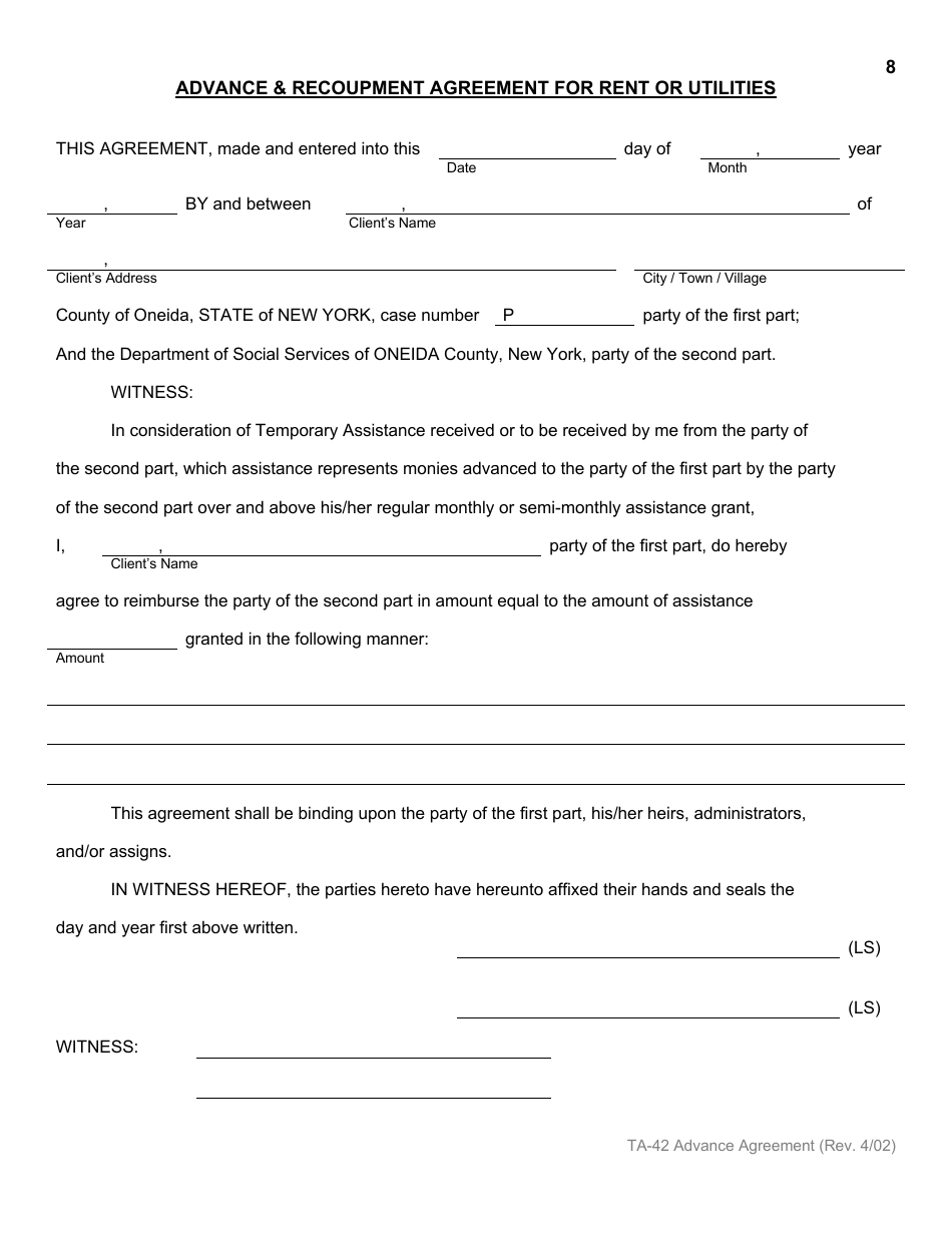 Form TA-42 Advance  Recoupment Agreement for Rent or Utilities - Oneida County, New York, Page 1
