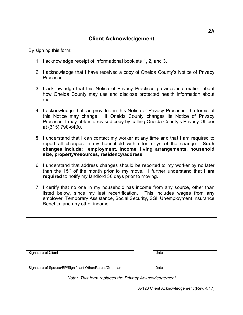Form TA-123 Client Acknowledgement - Oneida County, New York, Page 1