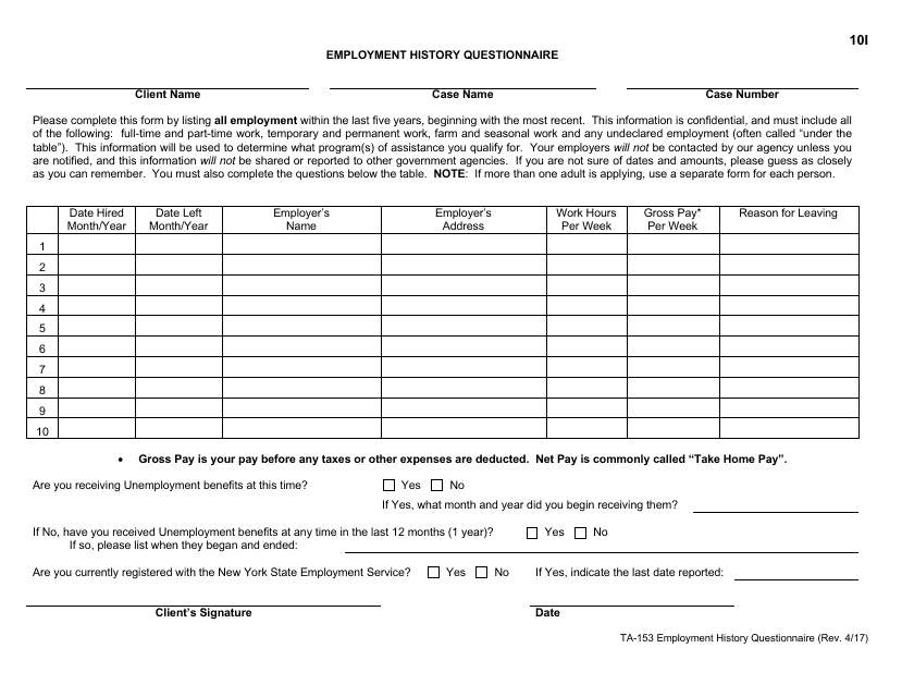 Form TA-153 Employment History Questionnaire - Oneida County, New York