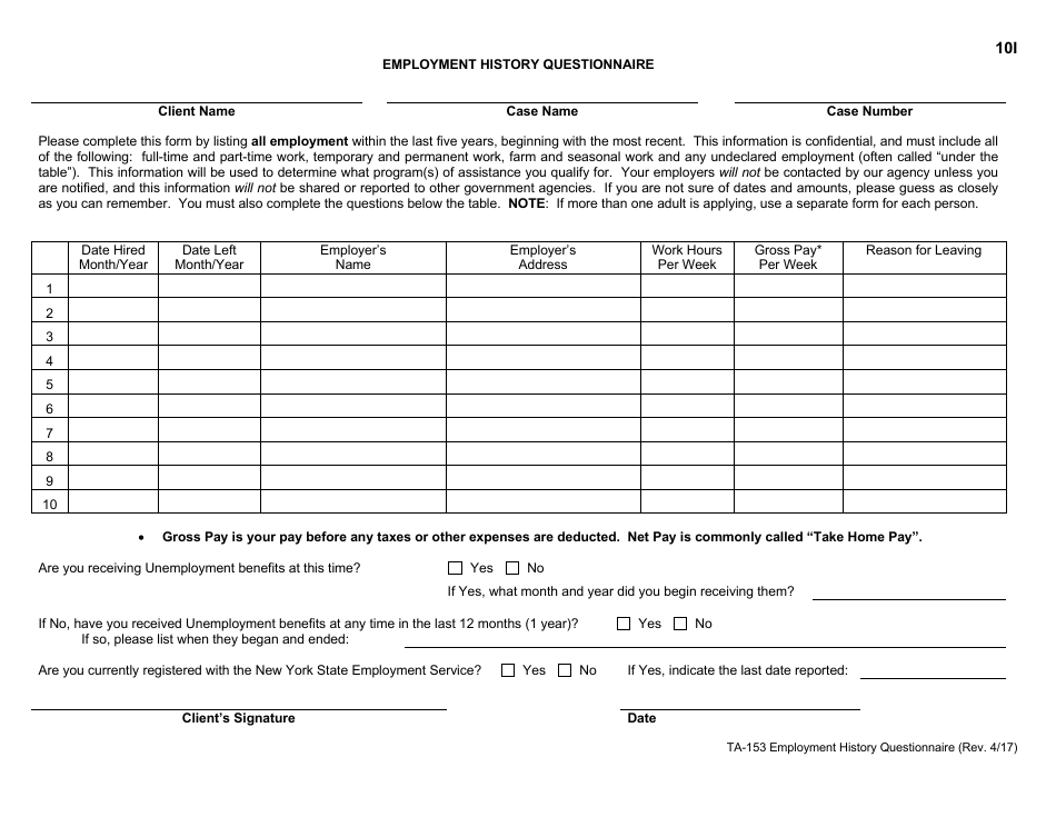 Form TA-153 Employment History Questionnaire - Oneida County, New York, Page 1
