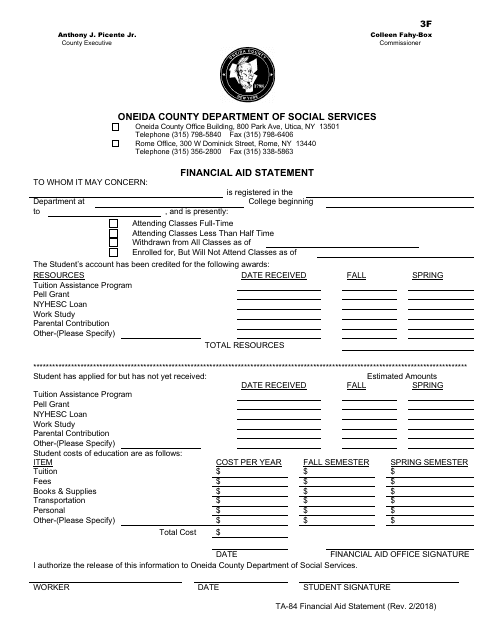 Form TA-84 Financial Aid Statement - Oneida County, New York