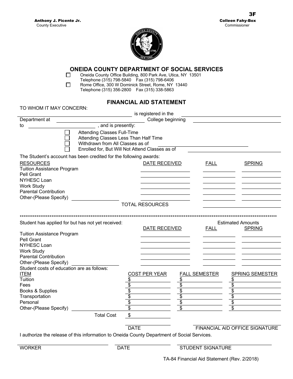 Form TA-84 Financial Aid Statement - Oneida County, New York, Page 1
