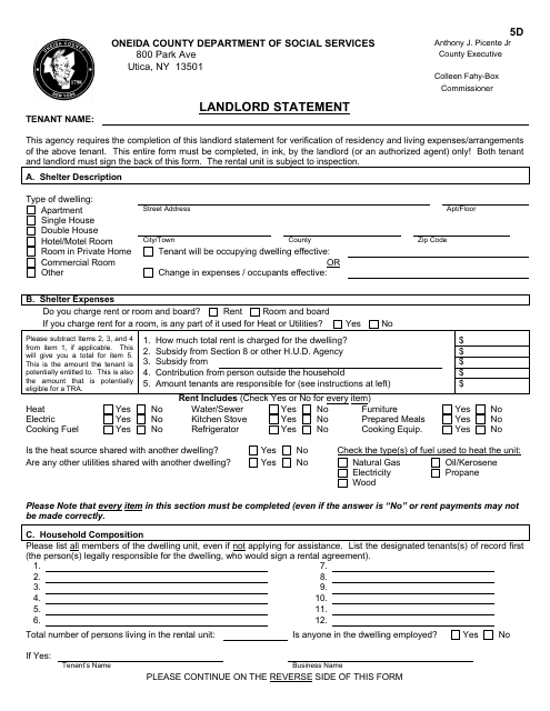 Form TA-10 Landlord Statement - Oneida County, New York