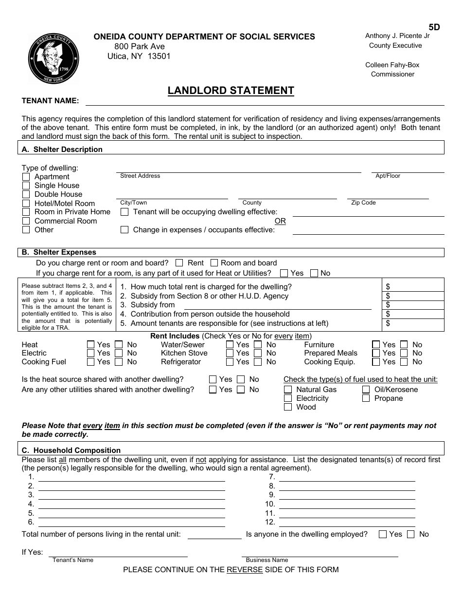 Form TA-10 Landlord Statement - Oneida County, New York, Page 1