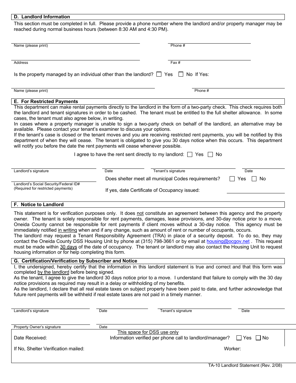 Form TA-10 - Fill Out, Sign Online and Download Printable PDF, Oneida ...